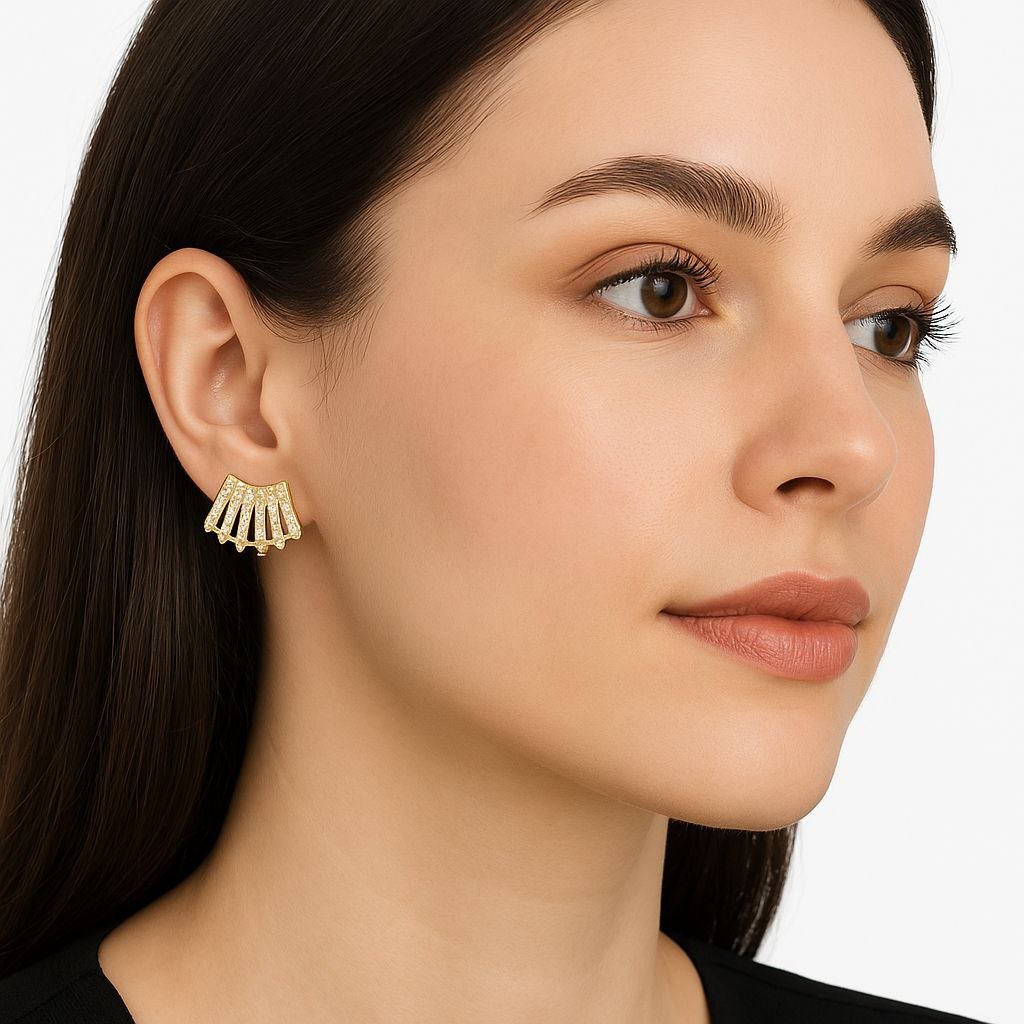 Luxe Crystal Fan Stud Earrings - Gold Plated CZ Diamond Anti-Tarnish Jewelry 7 Luxe Crystal Fan Stud Earrings - Gold Plated CZ Diamond Anti-Tarnish Jewelry - Image 4