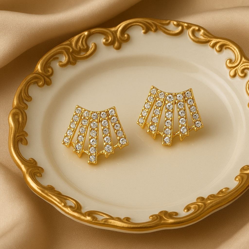 Luxe Crystal Fan Stud Earrings - Gold Plated CZ Diamond Anti-Tarnish Jewelry 5 Luxe Crystal Fan Stud Earrings - Gold Plated CZ Diamond Anti-Tarnish Jewelry - Image 2