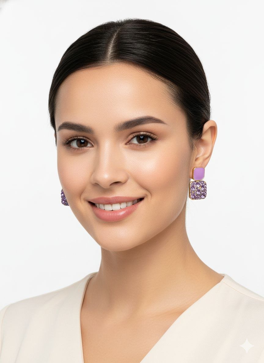 Purple Crystal Square Drop Earrings - Anti-Tarnish Amethyst CZ Jewelry 8 Purple Crystal Square Drop Earrings - Anti-Tarnish Amethyst CZ Jewelry - Image 5