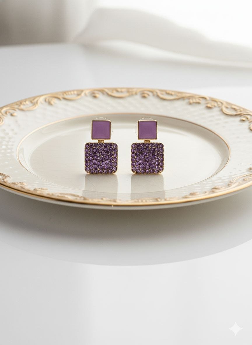 Purple Crystal Square Drop Earrings - Anti-Tarnish Amethyst CZ Jewelry 5 Purple Crystal Square Drop Earrings - Anti-Tarnish Amethyst CZ Jewelry - Image 2