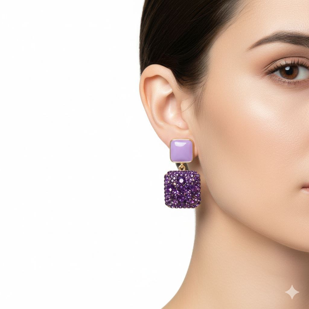 Purple Crystal Square Drop Earrings - Anti-Tarnish Amethyst CZ Jewelry 6 Purple Crystal Square Drop Earrings - Anti-Tarnish Amethyst CZ Jewelry - Image 3