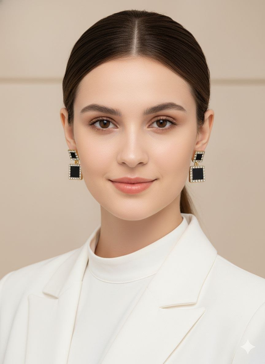 Black & Crystal Square Drop Earrings - Anti-Tarnish Statement Jewelry 6 Black & Crystal Square Drop Earrings - Anti-Tarnish Statement Jewelry - Image 3