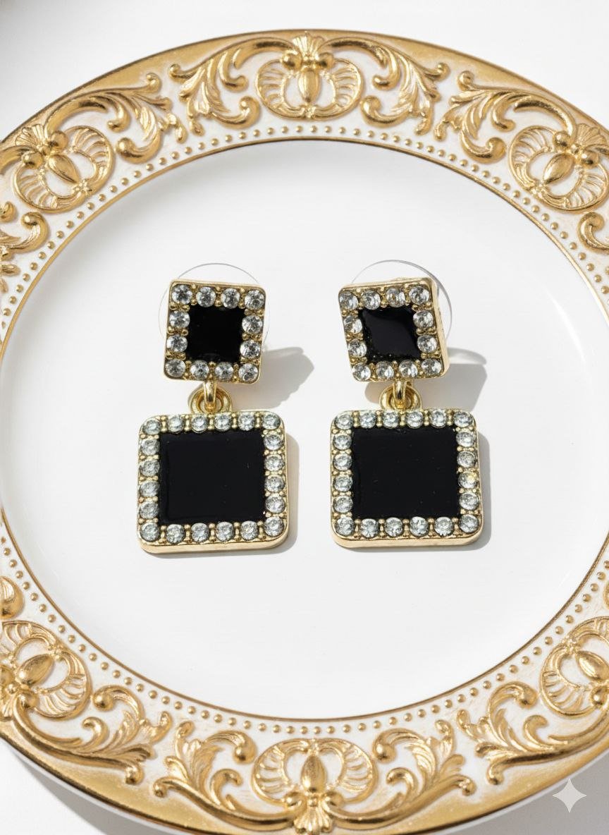 Black & Crystal Square Drop Earrings - Anti-Tarnish Statement Jewelry 5 Black & Crystal Square Drop Earrings - Anti-Tarnish Statement Jewelry - Image 2
