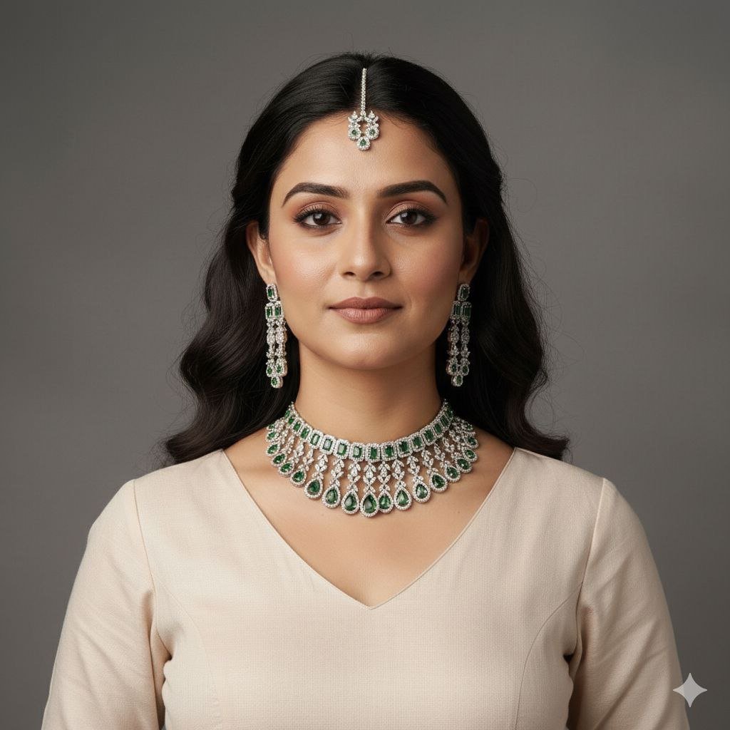 AD Necklace Set for Bride | American Diamond Choker with Earrings - Wedding Jewellery 5 AD Necklace Set for Bride | American Diamond Choker with Earrings - Wedding Jewellery - Image 2