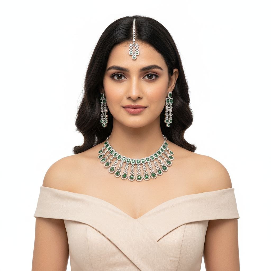 AD Necklace Set for Bride | American Diamond Choker with Earrings - Wedding Jewellery 10 AD Necklace Set for Bride | American Diamond Choker with Earrings - Wedding Jewellery - Image 7