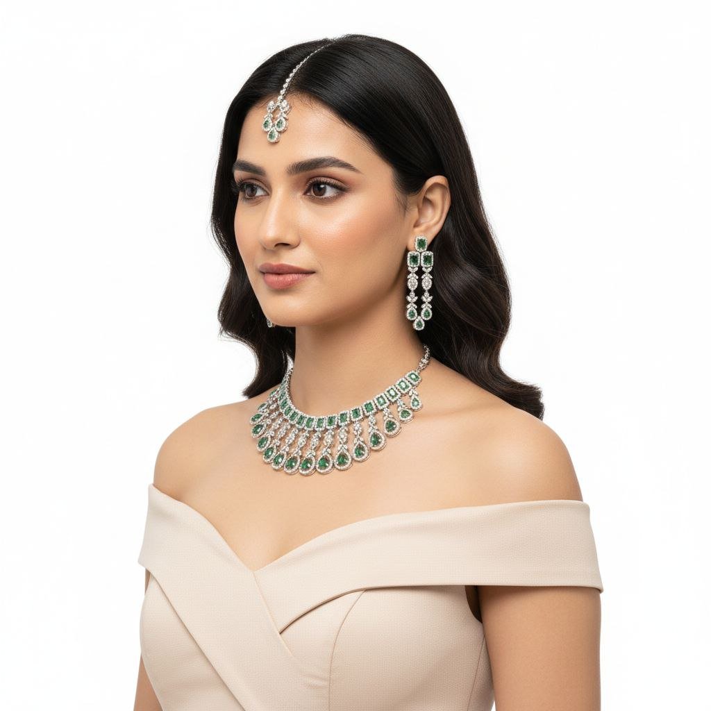 AD Necklace Set for Bride | American Diamond Choker with Earrings - Wedding Jewellery 9 AD Necklace Set for Bride | American Diamond Choker with Earrings - Wedding Jewellery - Image 6