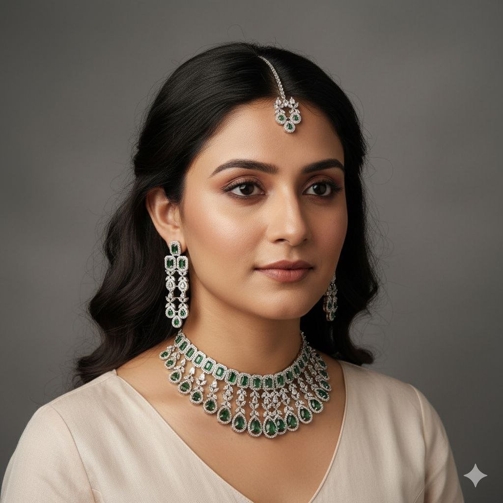 AD Necklace Set for Bride | American Diamond Choker with Earrings - Wedding Jewellery 6 AD Necklace Set for Bride | American Diamond Choker with Earrings - Wedding Jewellery - Image 3