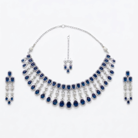 Bridal Jewellery Set for Women, Emerald Blue Wedding Necklace Earrings Maang Tikka Set, American Diamond CZ Stone, Traditional Indian Bridal Jewelry, Dulhan Jewellery