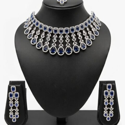 Bridal Jewellery Set for Women, Emerald Blue Wedding Necklace Earrings Maang Tikka Set, American Diamond CZ Stone, Traditional Indian Bridal Jewelry, Dulhan Jewellery