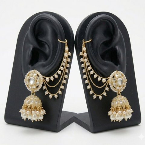 Gold Plated Pearl Jhumka Earrings with Ear Chain for Women | Traditional Kundan Bridal Jhumki with Maang Tikka Style Chains | Wedding & Festive Jewelry