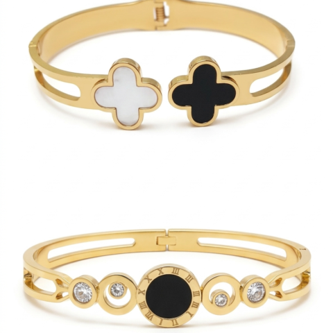 Gold Plated Stainless Steel Bracelet Combo for Women | Dual Design Clover & Roman Dial Cuff Bracelet Set | Black & White Enamel with Crystal Studded Kada | Adjustable Luxury Jewelry