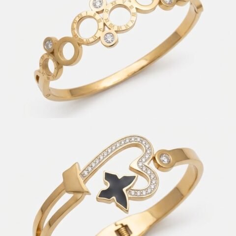 Gold Plated Designer Bracelet Combo Set for Women | Stylish Open Cuff Bangle Combo with Crystal & Butterfly Design | Trendy Fashion Jewelry for Girls