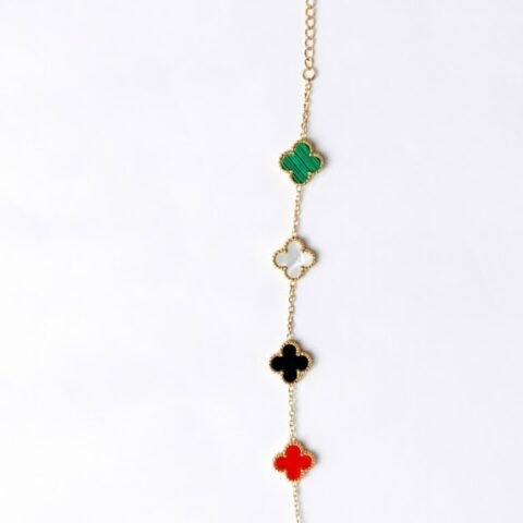 Gold Plated Clover Charm Bracelet for Women | Multicolor Floral Motif Chain Bracelet | Elegant Minimal Jewelry | Adjustable Trendy Wrist Bracelet Gift for Girls & Women