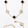 Gold Plated Clover Necklace & Bracelet Set for Women | Black & White Floral Charm Jewelry Combo | Stainless Steel Elegant Chain Set | Stylish Gift for Girls