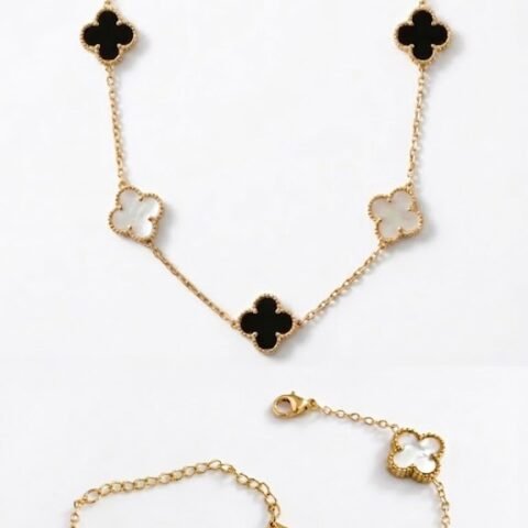 Gold Plated Clover Necklace & Bracelet Set for Women | Black & White Floral Charm Jewelry Combo | Stainless Steel Elegant Chain Set | Stylish Gift for Girls