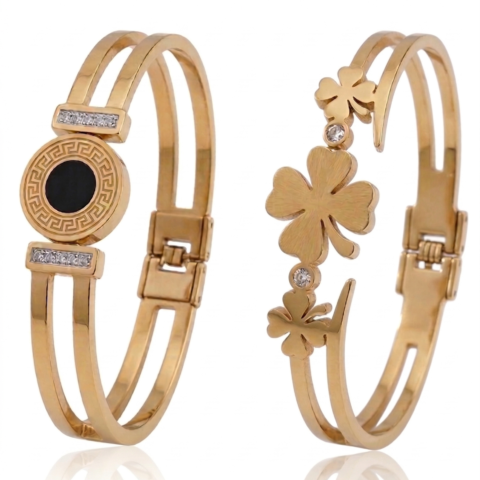 Gold Plated Bracelet Combo for Women | Roman Dial Design & Clover Charm Kada Bangle Set | Stylish Openable Bracelet | Party Wear, Daily Wear & Gift Jewelry