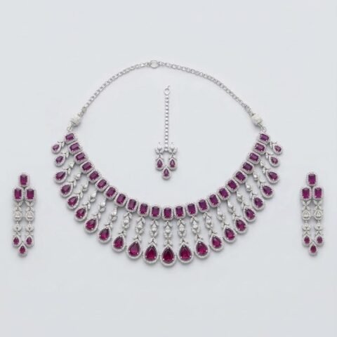Elegant Ruby Stone Necklace Set for Women | Silver Plated Bridal Jewelry with Earrings & Maang Tikka | Wedding & Party Wear