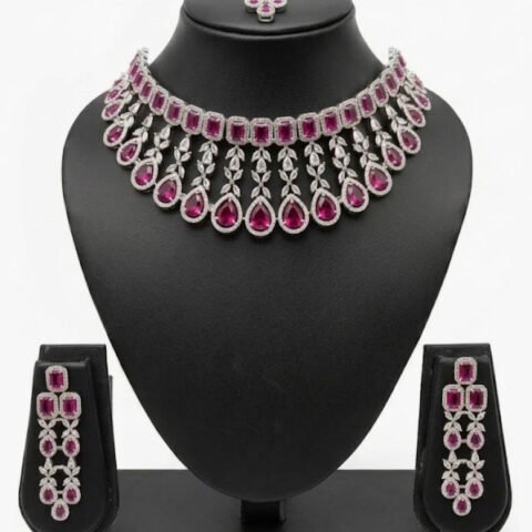 Ruby Stone Necklace Set for Women | Silver Plated Bridal Jewelry Set with Earrings & Maang Tikka | Wedding & Party Wear
