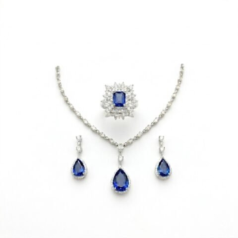 Elegant Blue Stone Necklace Set for Women | Silver Plated Crystal Jewelry with Earrings & Ring | Wedding & Party Wear