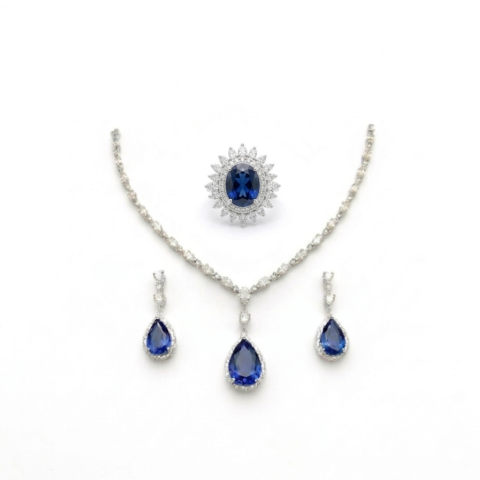 Stunning Blue Stone Necklace Set for Women | Sapphire Crystal Silver Plated Bridal Jewelry Set with Earrings & Ring | Wedding Party Wear