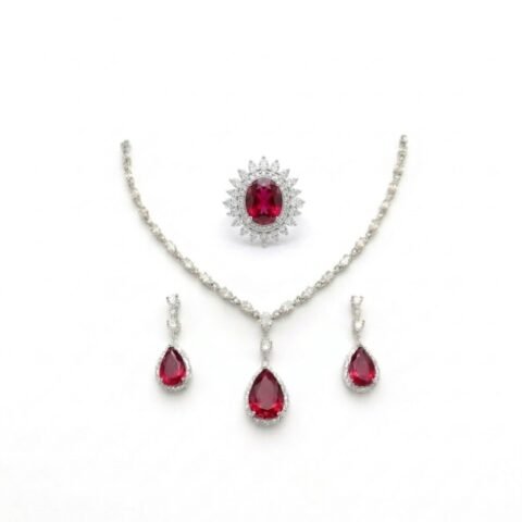 Elegant Ruby Stone Necklace Set for Women | Silver Plated Crystal Bridal Jewelry Set with Earrings & Ring | Wedding Party Wear
