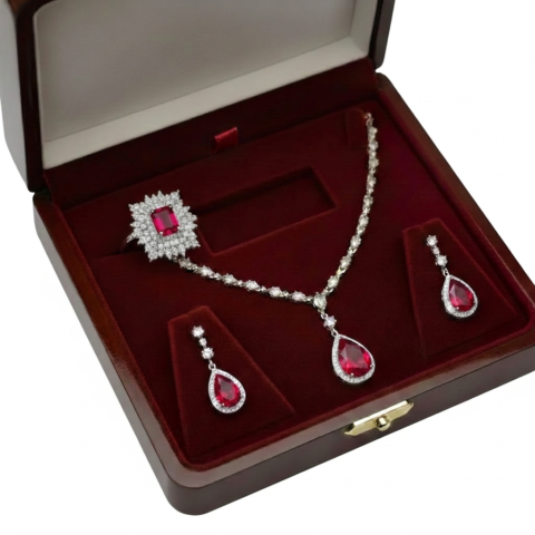 Elegant Ruby Red Stone Necklace Set for Women | Premium Crystal Silver Plated Bridal Jewelry Set with Earrings & Ring | Wedding Party Wear