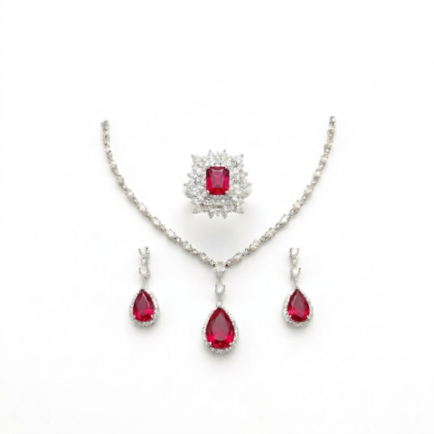 Elegant Ruby Red Stone Necklace Set for Women | Premium Crystal Silver Plated Bridal Jewelry Set with Earrings & Ring | Wedding Party Wear