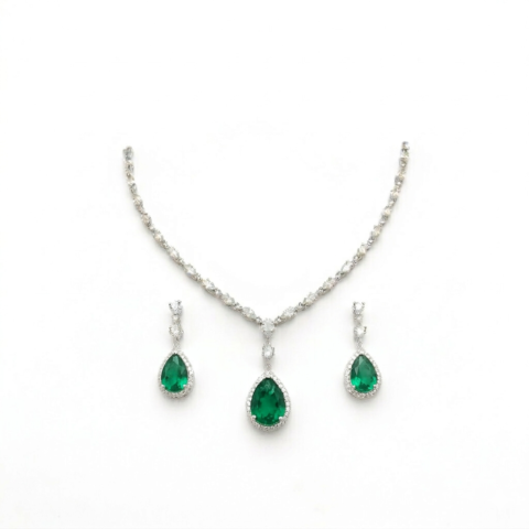 Elegant Green Stone Necklace Set for Women | Emerald Style Crystal Silver Plated Jewelry Set with Earrings | Wedding Party Wear