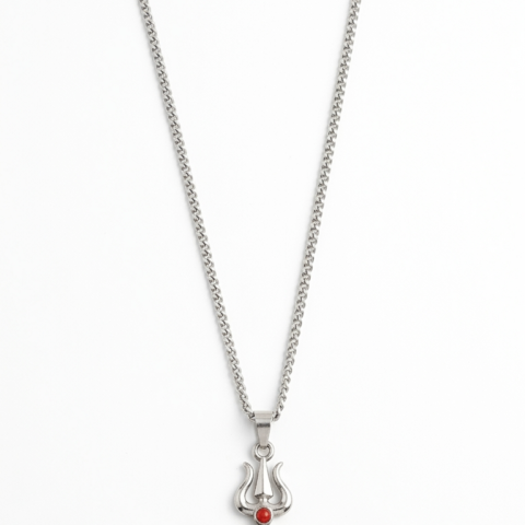 Spiritual Trident Pendant Necklace for Men & Women | Stainless Steel Silver Chain with Red & Black Stone | Religious Symbol Jewelry Gift