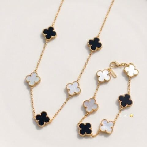 Gold Plated Clover Necklace & Bracelet Set for Women | Black & White Floral Charm Jewelry Combo | Stainless Steel Elegant Chain Set | Stylish Gift for Girls