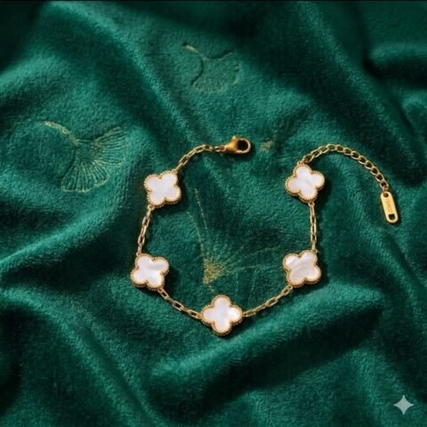 Gold Plated White Clover Charm Bracelet for Women | Elegant Floral Link Chain Bracelet | Adjustable Minimal Jewelry | Stylish Wrist Bracelet Gift for Girls & Women