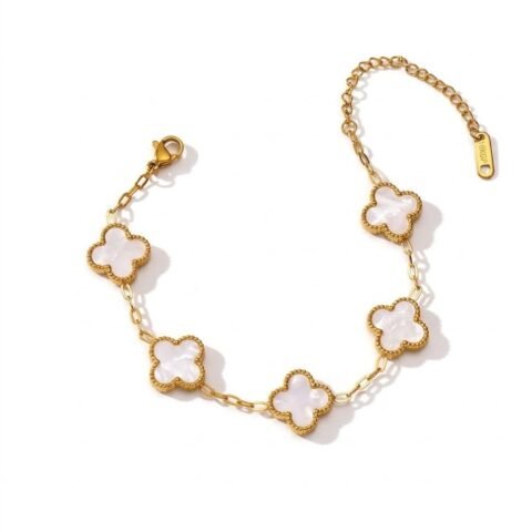 Gold Plated White Clover Charm Bracelet for Women | Elegant Floral Link Chain Bracelet | Adjustable Minimal Jewelry | Stylish Wrist Bracelet Gift for Girls & Women